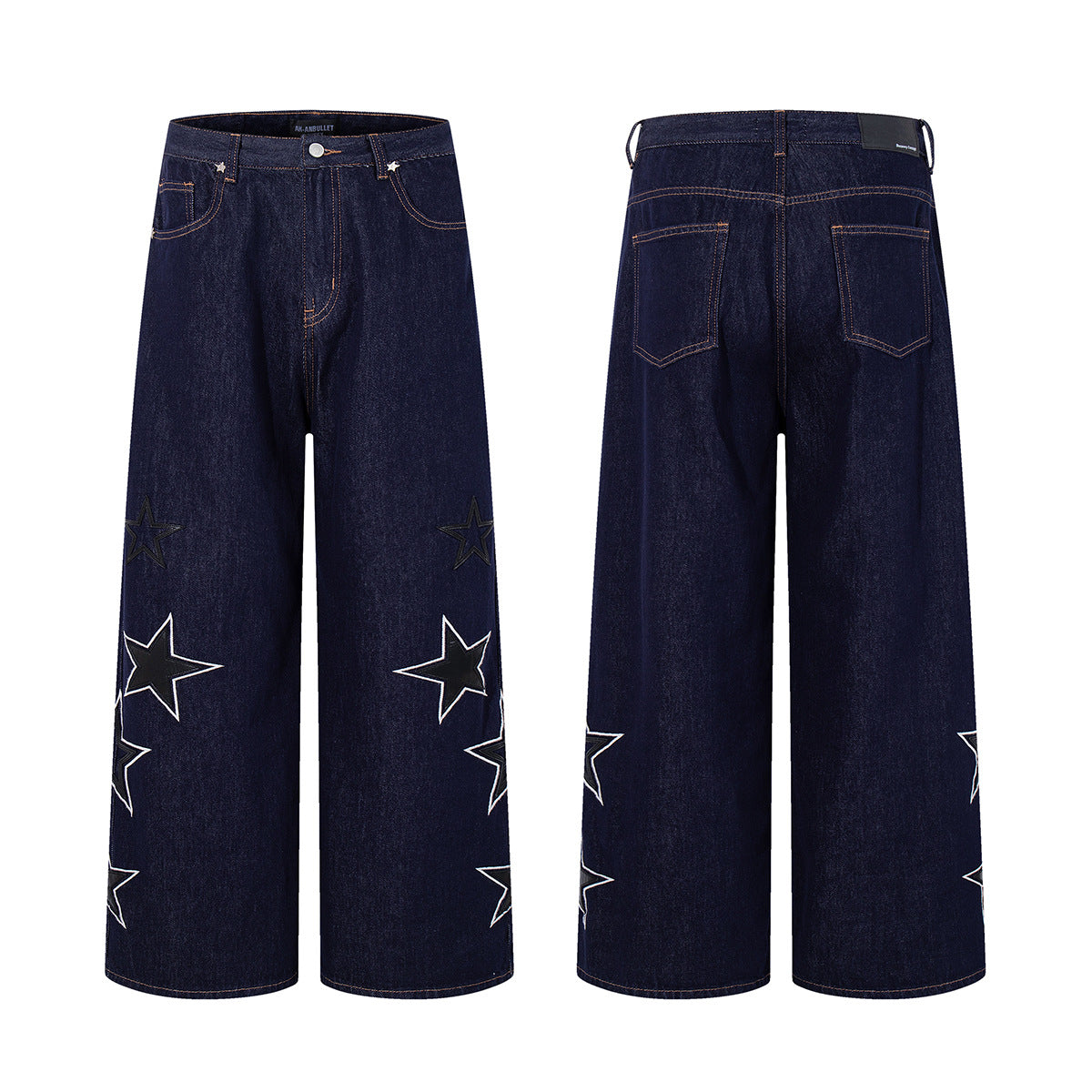 Street Denim Five Pointed Star Patch Embroidered Loose Wide Leg Pants