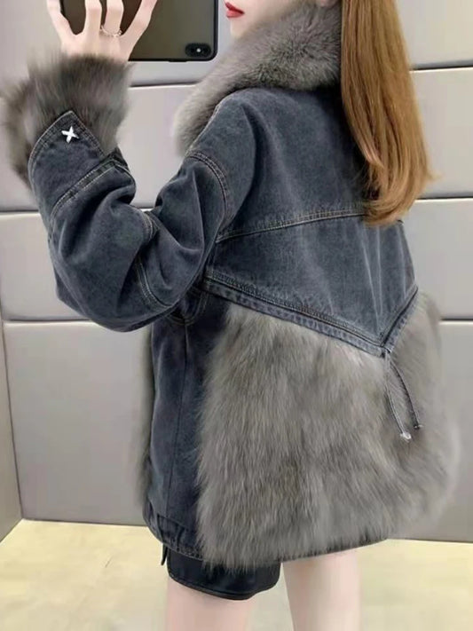 Stylish Women's Faux Fur Jacket - Denim Coat with Long Sleeves and Loose Fit