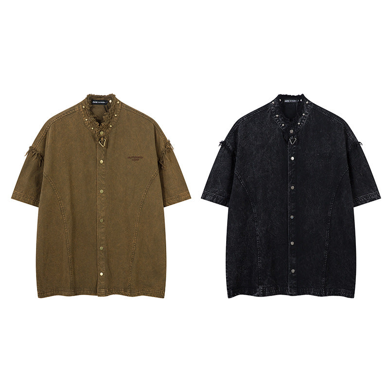 Vintage Short Sleeve Men's American Loose Fit Denim Shirt