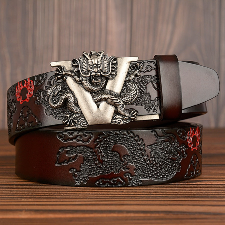 Chinese Dragon Belt Cowskin - Genuine Leather Belt - Automatic Buckle