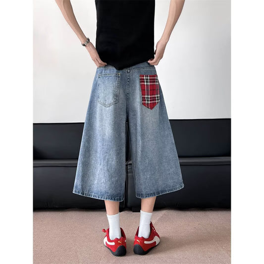 Grid Splicing Denim Seven Inch Loose Straight Tube Wide Leg Shorts