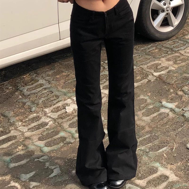 Solid Color Horn Low Waist Zipper Denim Pants