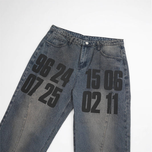 Men's Straight Leg Denim Jeans with Letter Print, Casual Loose Fit Pants