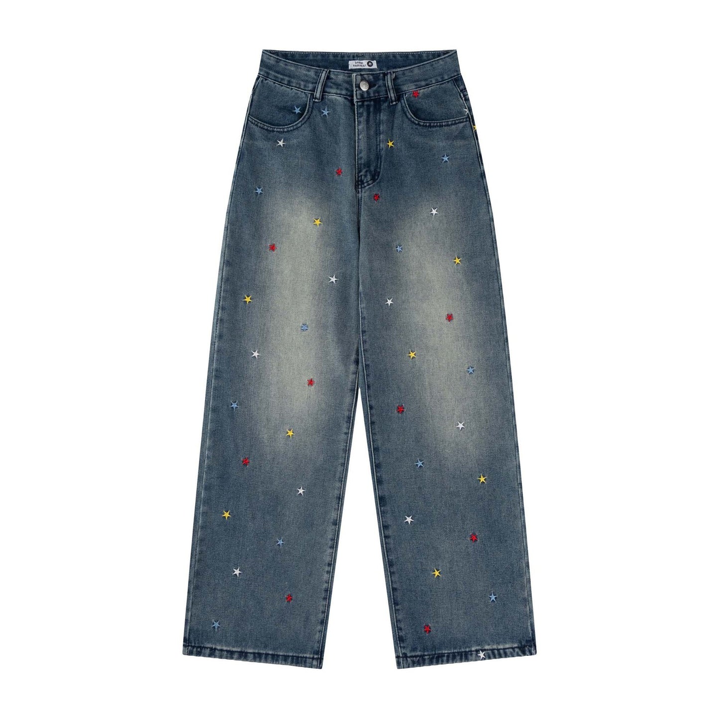 Retro Washed Star Letter Embroidered Denim Pants for Unisex