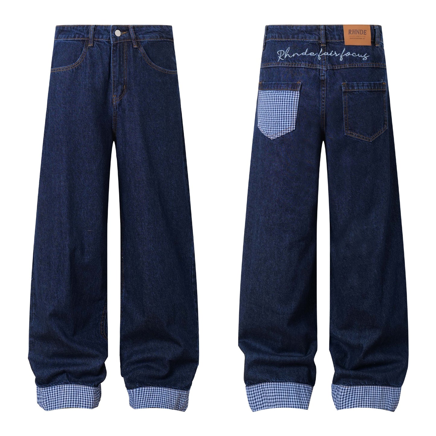 Unisex Color Block Embroidery Denim Pants - Loose Wide Leg Trousers