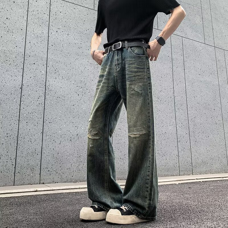 Ripped Denim Distressed Washed Loose Straight Leg Pants