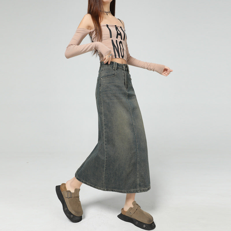 Women's Vintage Blue Slimming Denim Skirt with Slit Design