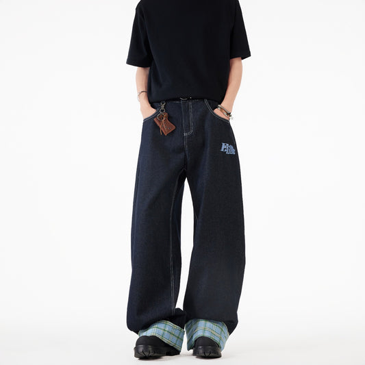 Grid Splicing Rolled Edge Jeans - Straight Leg Loose Pants