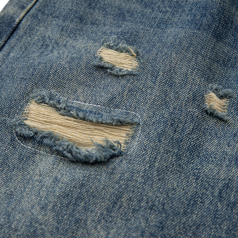 Washed Paint Splatter Patch Hole Catwhisker Straight Leg Jeans for Men