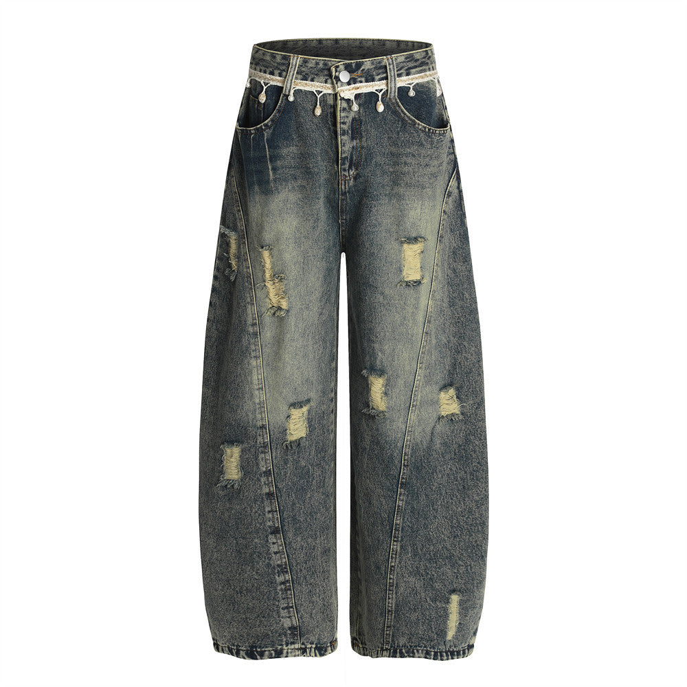 Punk Retro Washed Distressed Denim Wide-Leg Pants - Men's Loose Fit Flared Trousers
