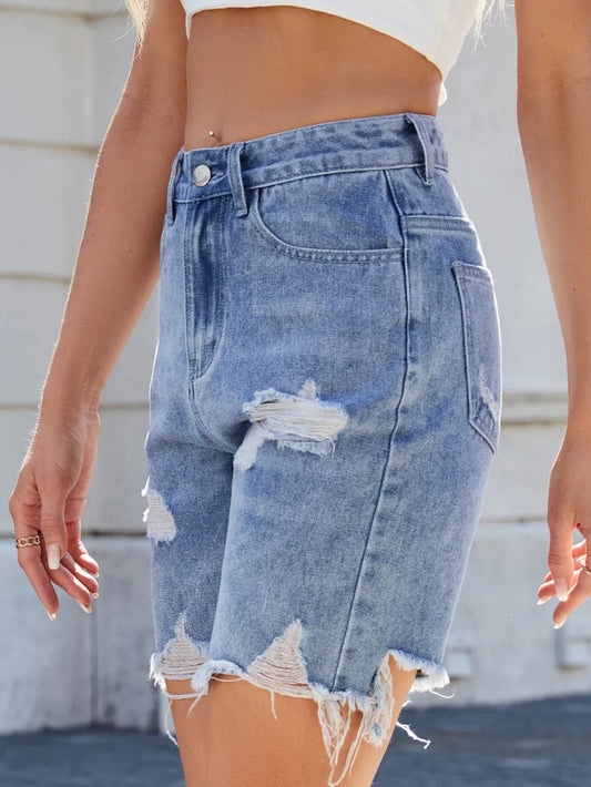 Distressed Raw Hem Denim Shorts - Premium Japanese Denim