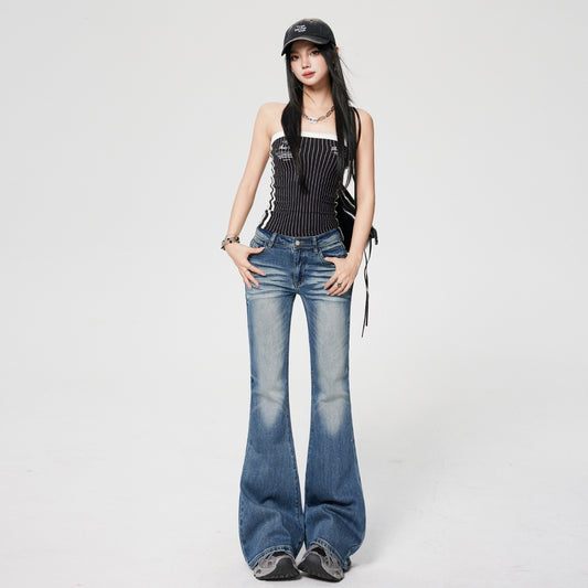 Flared Jeans Women Low Waist Elastic Slim Fit Frayed Bell Bottoms