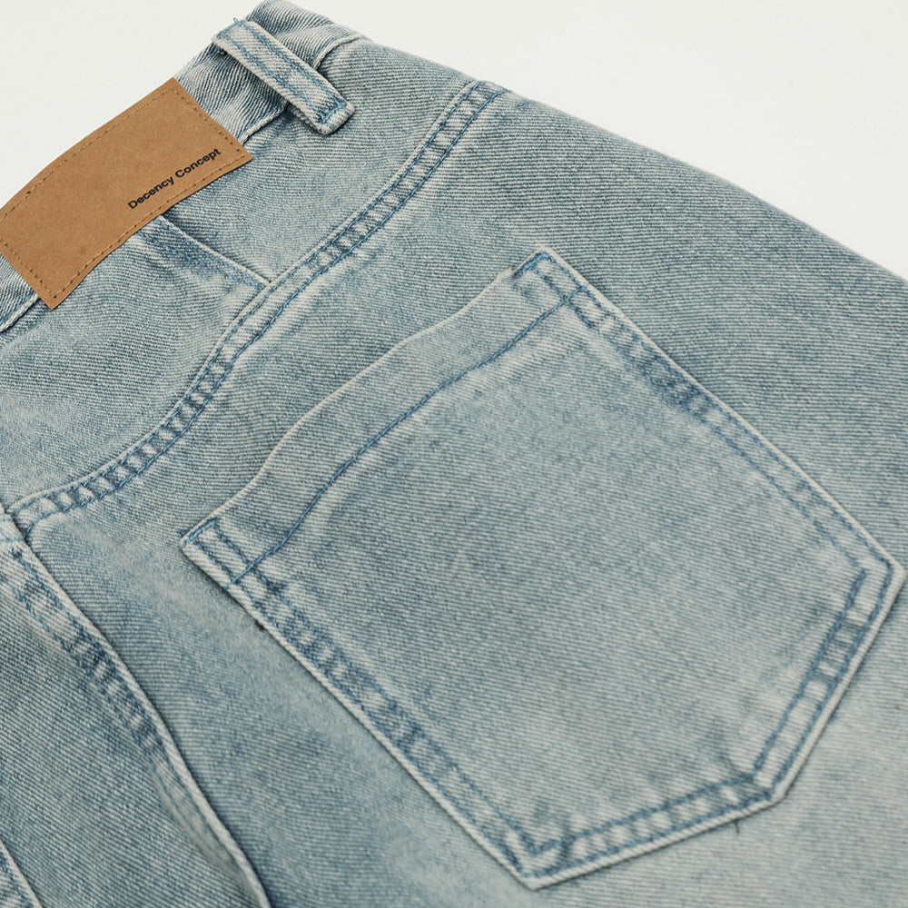 Men's Oversized Heavy Wash Denim Trousers with Pleats