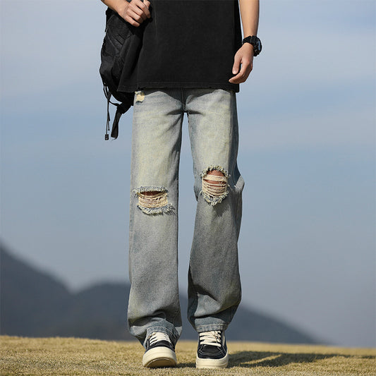 Men's Loose Wide Leg Long Trousers - Vintage Blue