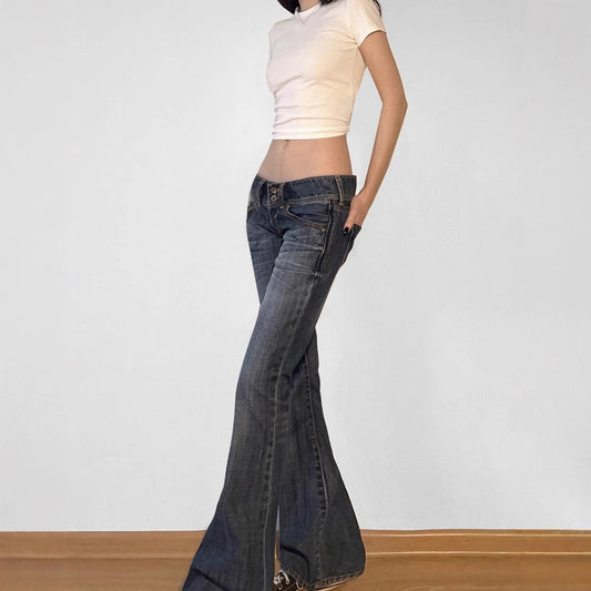 Faded Low Waist Skinny Flare Jeans - Retro Slimming & Hip-Lifting Casual Long Pants