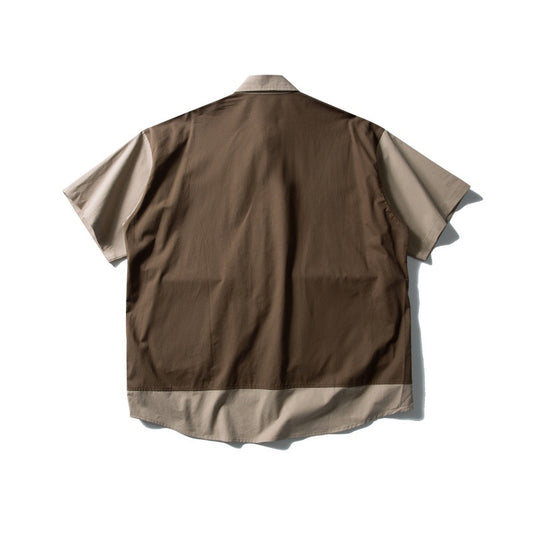 Retro Contrasting Color Splicing Fake Two-Piece Design Loose Workwear Shirt for Men