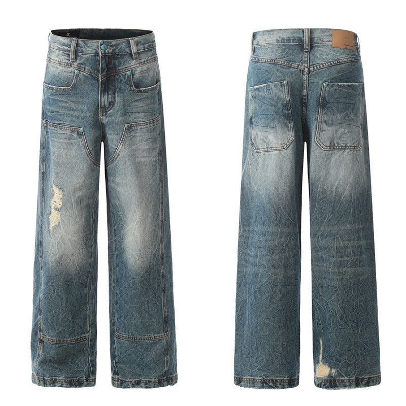 Street Distressed Denim Pants for Men - Loose Straight Design