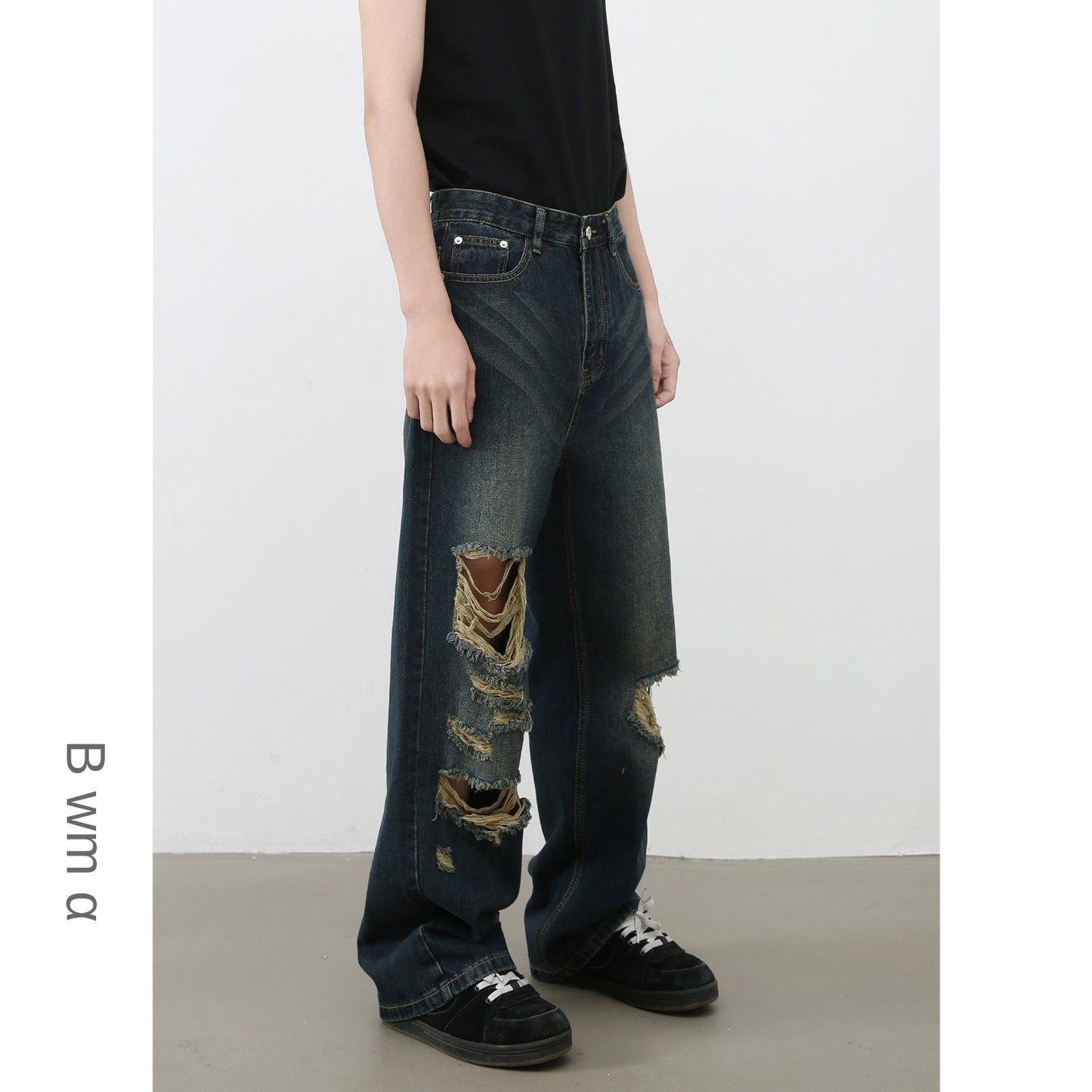 American High Street Retro Distressed Denim Trousers - Men's Straight Loose Wide-Leg Pants
