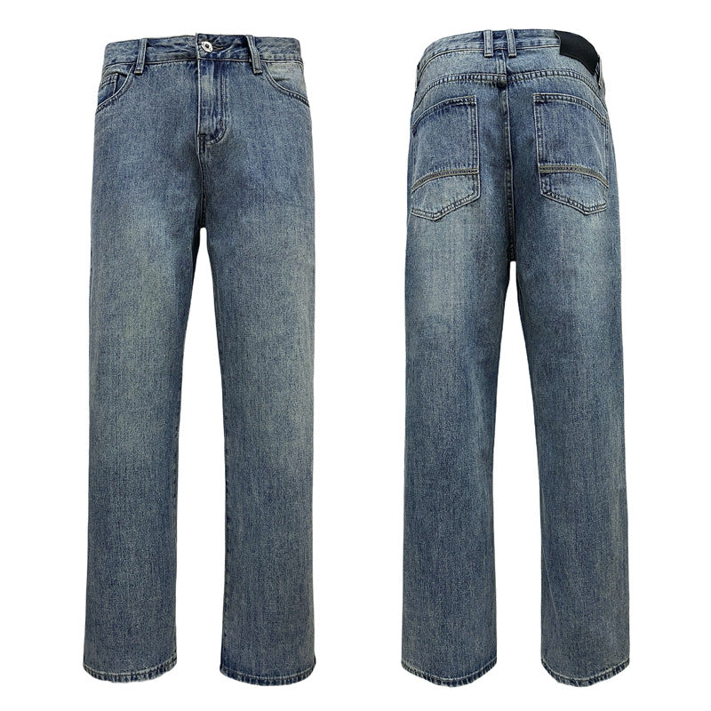 Washed Blue Wide-leg Straight Jeans for Men and Women