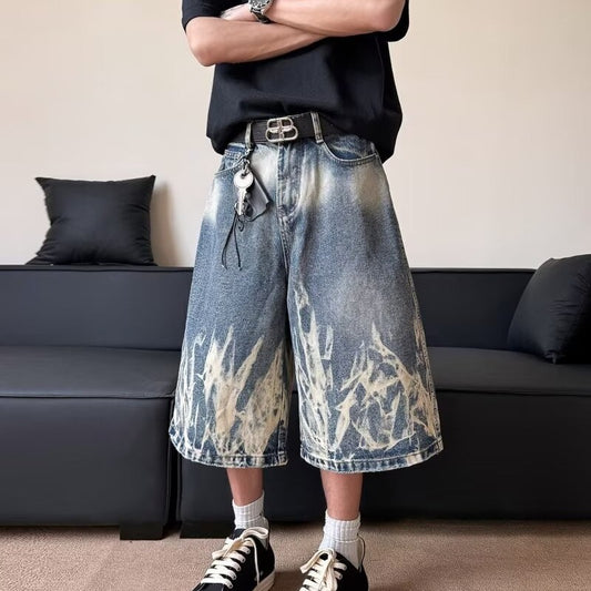 Lightning Stripe Tie-Dyed Denim Seven-Quarter Shorts