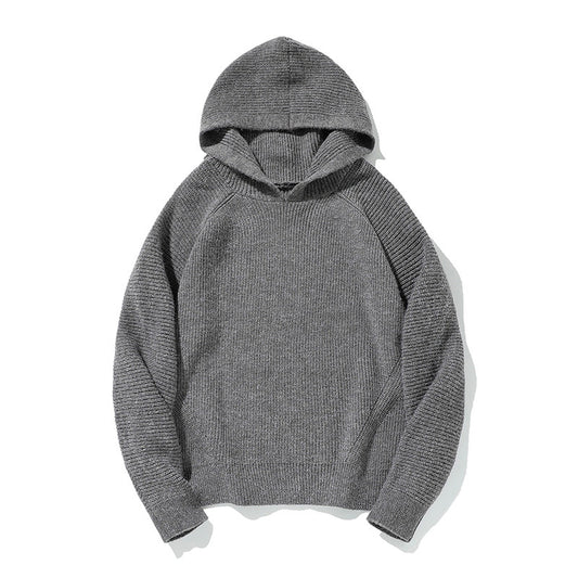 Simple Solid Color Hooded Ribbed Cuff Warm Casual Crewneck Sweater