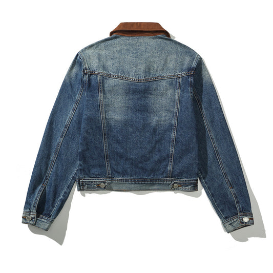 Versatile Suede Collar Washed Blue Loose Denim Jacket