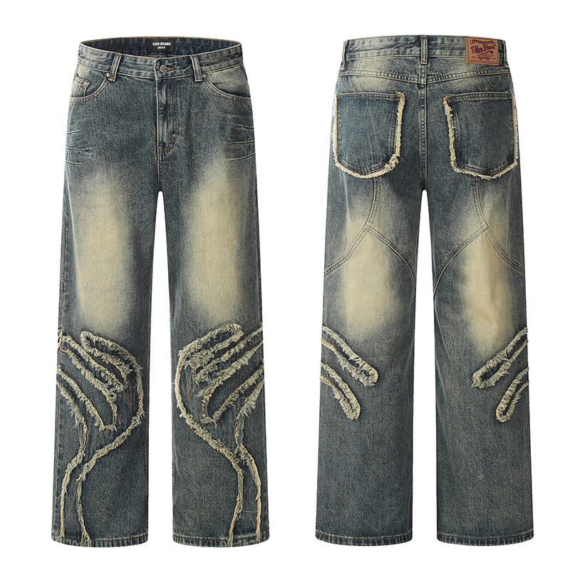 Faded Denim Pants Vintage Blue - High Street Design Distressed Casual Slim Fit