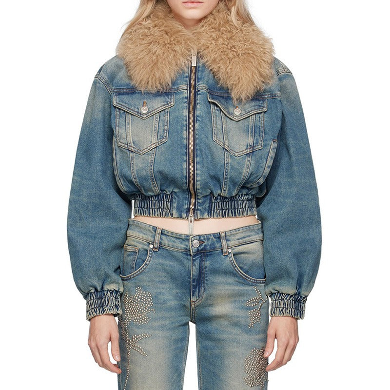 Detachable Fur Collar Versatile Cotton Denim Top