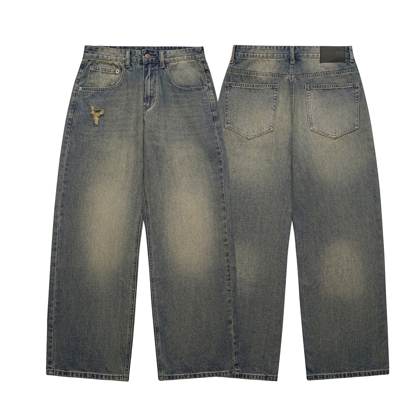 Washed Distressed Yellow Mud Dye Ripped Loose Jeans