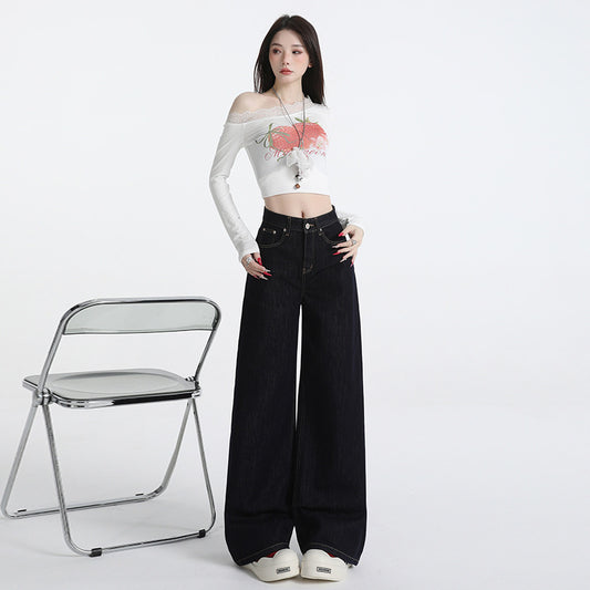 Women's Dark Blue High Waist Loose Straight Leg Jeans - Versatile Comfort