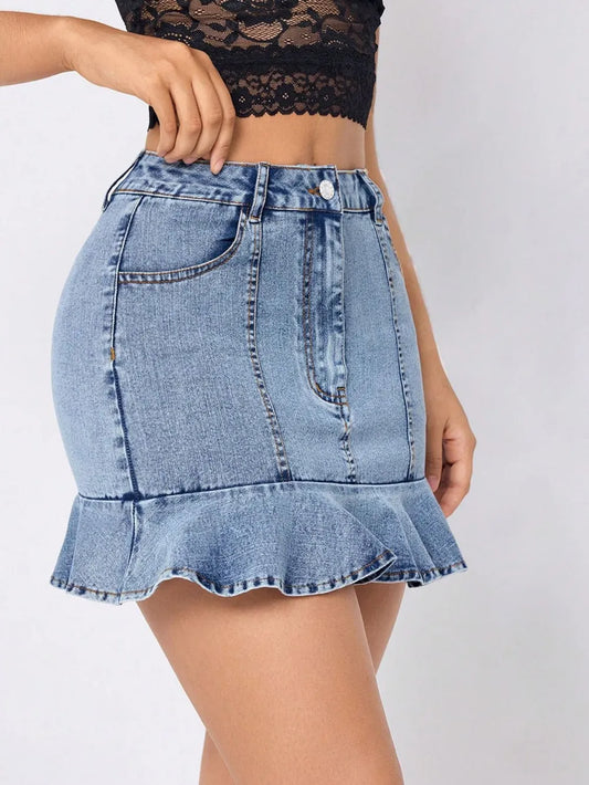 Luxury Japanese Denim Mini Skirt with Ruffled Hem
