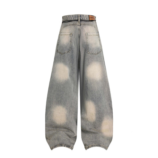 Vintage Distressed Tie-Dye Pleated Denim Pants Unisex Wide-Leg Trousers