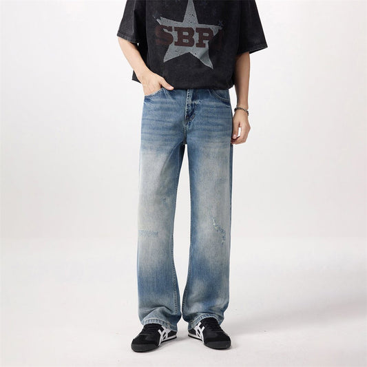 Gradient Wash Denim Jeans — Mid-Rise Straight Leg Zipper Fly (Blue)