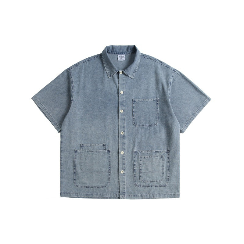 Retro Washed Vintage Adhesive Fabric Multi-Pocket Denim Shirt for Men