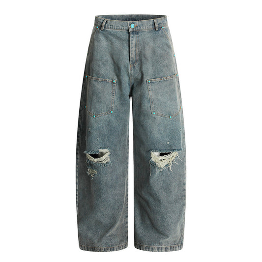 Men's Ripped Curved Denim Long Pants - Stylish High Street Design with Pockets - Loose Wide Leg Fit