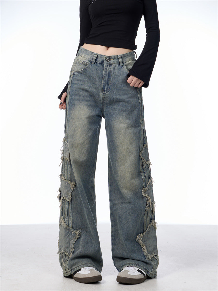 Star Sticker Wide Leg Denim Floor Pants for Men