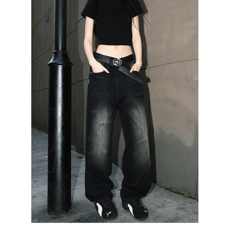 Semi Elastic Waist Denim Straight Leg Loose Casual Pants