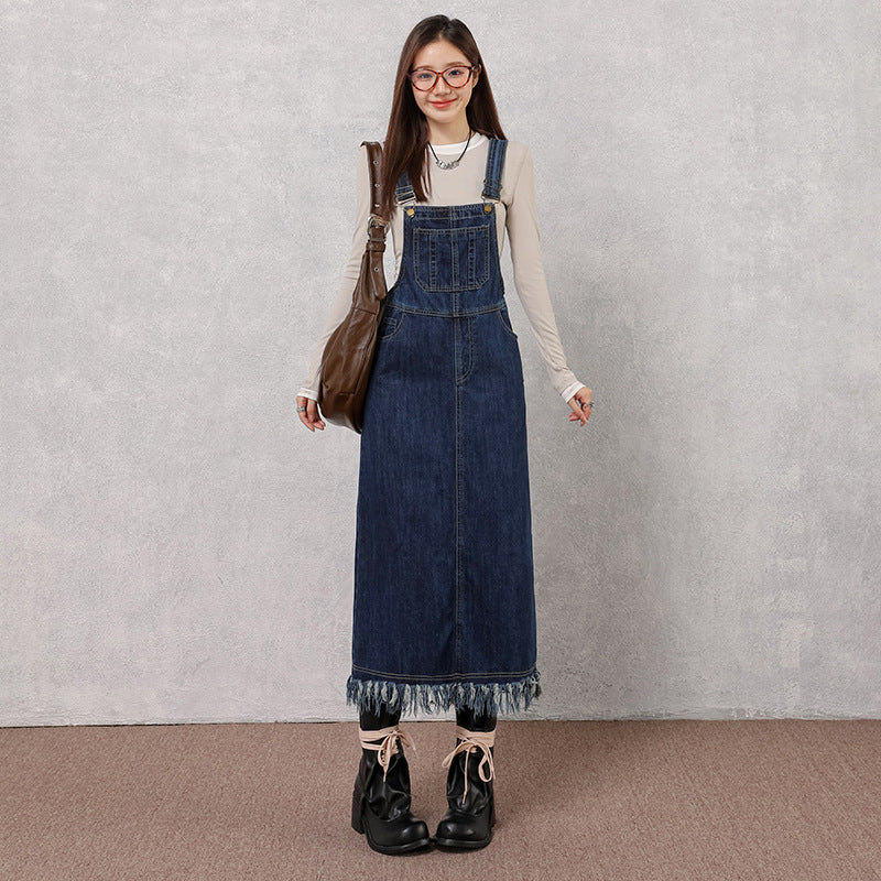 Retro Denim Pinafore Dress for Women with High Waist and Loose Fit