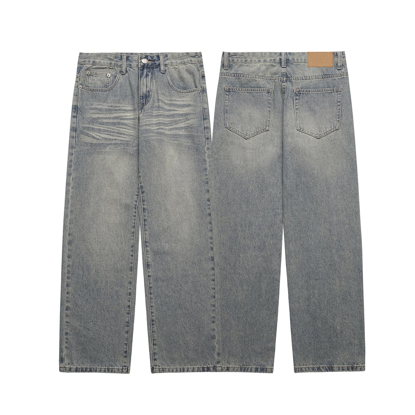 Distressed Cat-Whisker Relaxed Straight Leg Wide Leg Jeans Pants