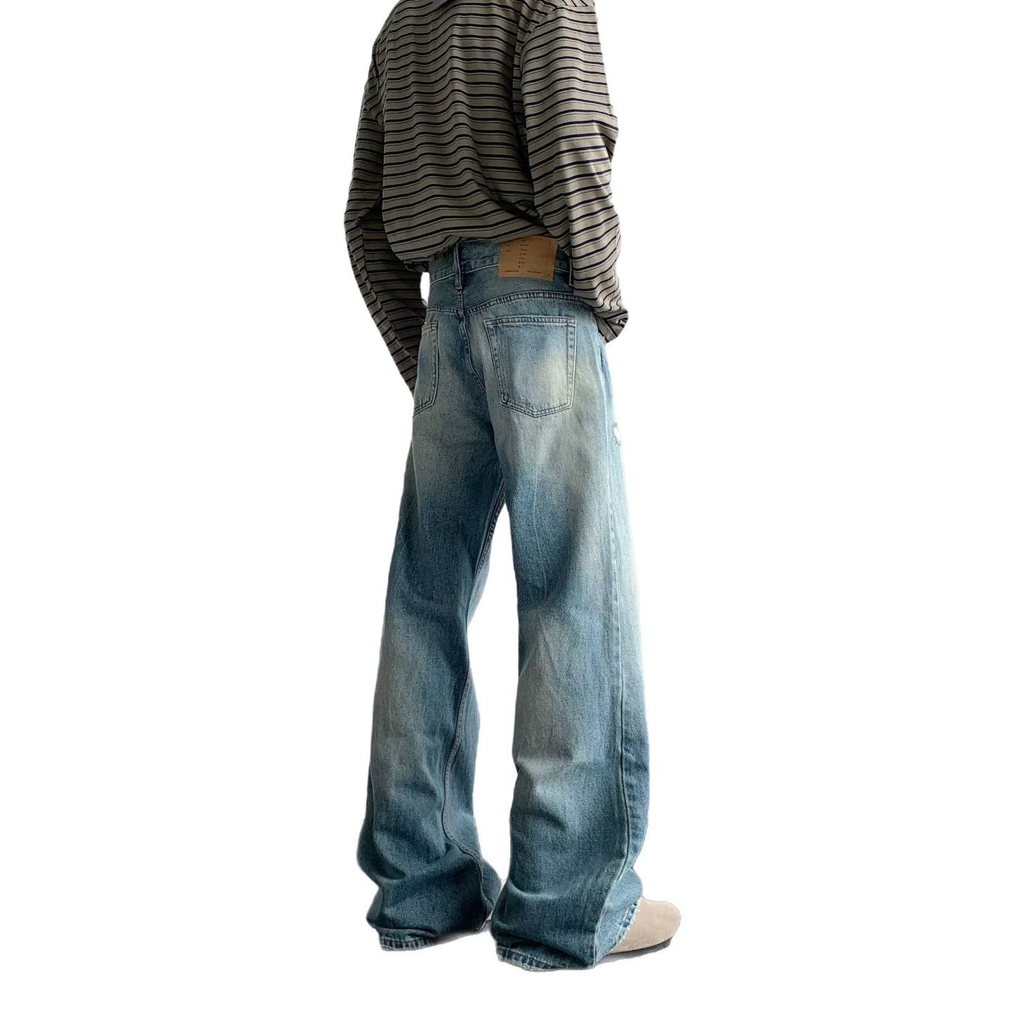 Light Blue Men's Cat Whisker Washed Wide Leg Casual Pants