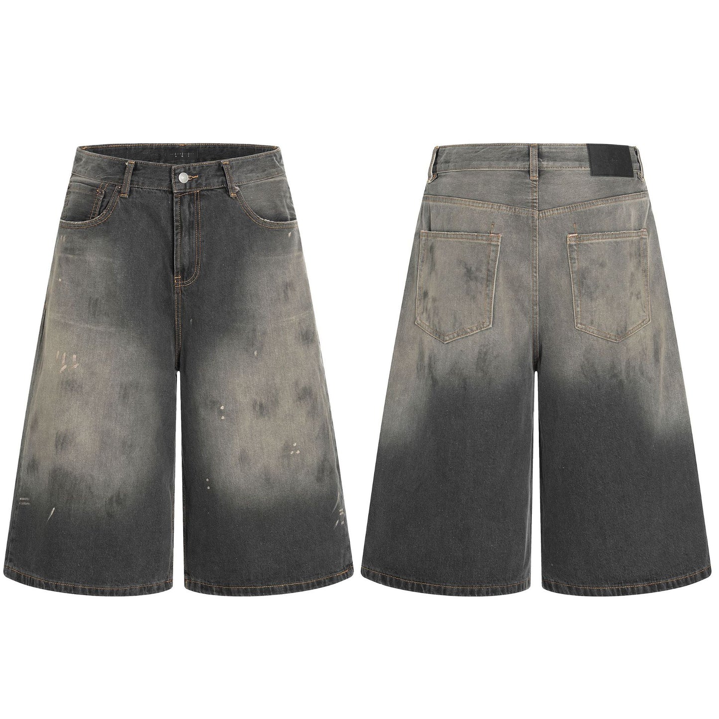 Seven-Quarter Denim Shorts with Faded Ink Splatter - Wide-Leg Fit