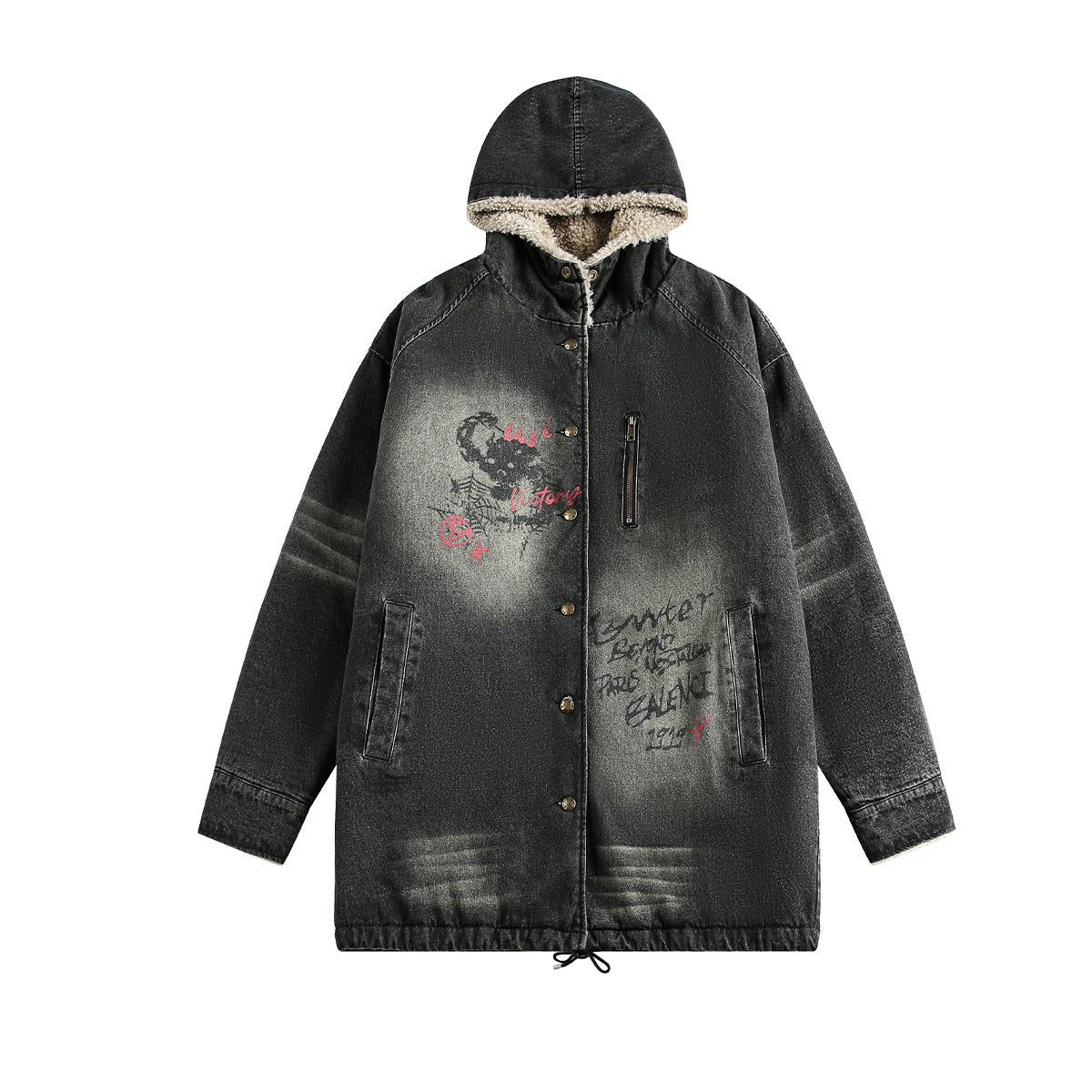 Lamb Wool Parka Coat Washed Denim Cotton Jacket