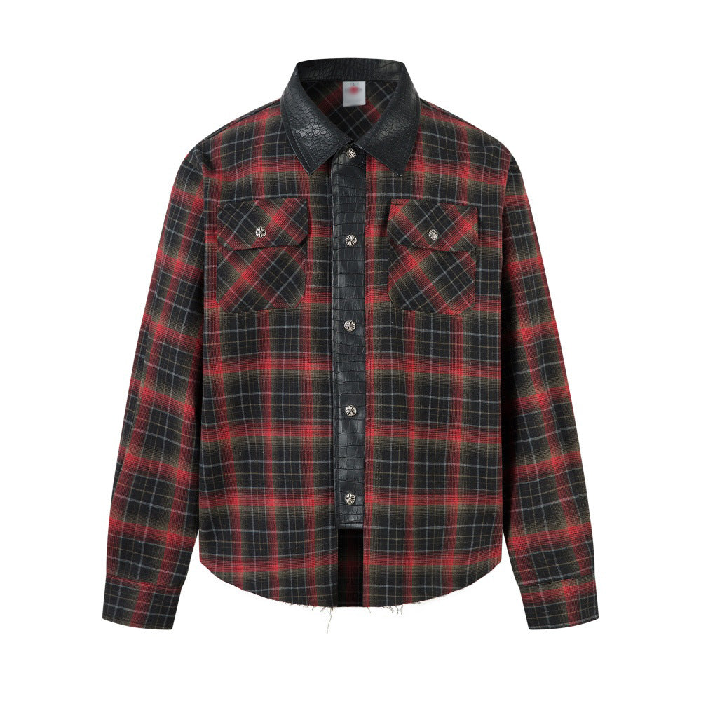 Leather Lapel Single Breasted Long Sleeved Work Shirt