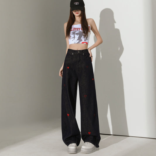 Heart Embroidered High-Waisted Wide-Leg Denim Pants