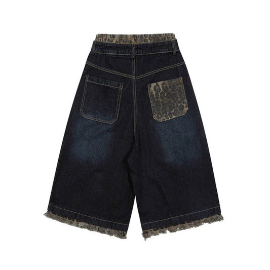 Leopard Print Patchwork Brushed Seven Quarter Denim Shorts