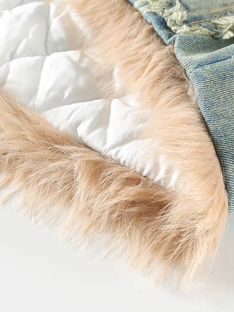 Women's Denim Coat with Stand Collar and Plush Cotton-Padded Lining