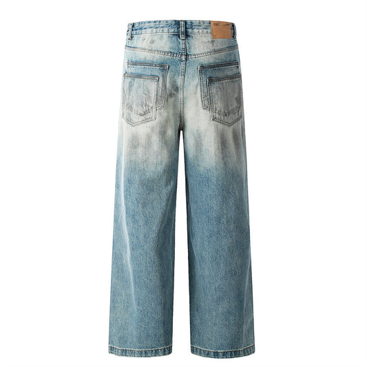 Men's Vintage Distressed Denim Pants with Double Pockets
