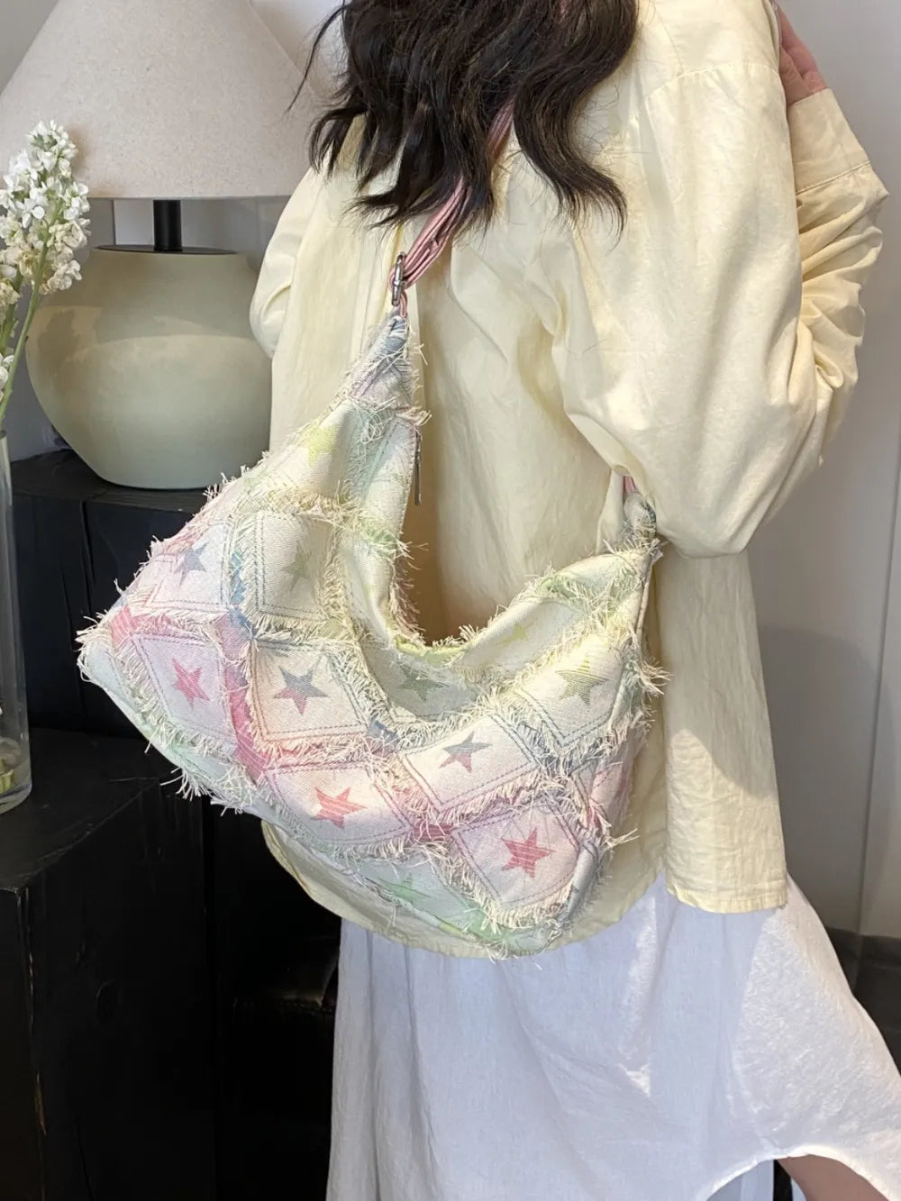 Japanese Denim Shoulder Bag with Raw Hem