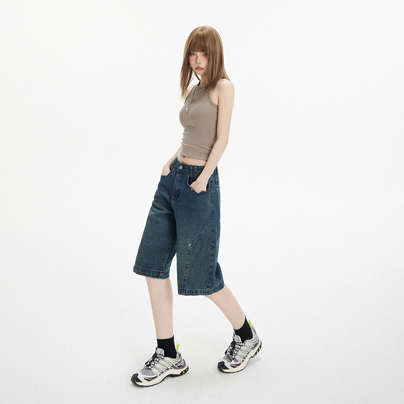 Women's Wide-Leg Patchwork Capri Pants High-Waist Versatile Straight Leg Denim Trousers