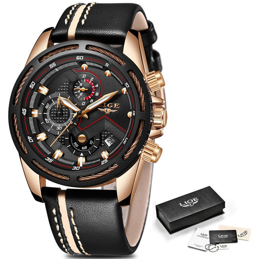 Men's Luxury Gold Waterproof Sport Quartz Watch with Leather Band